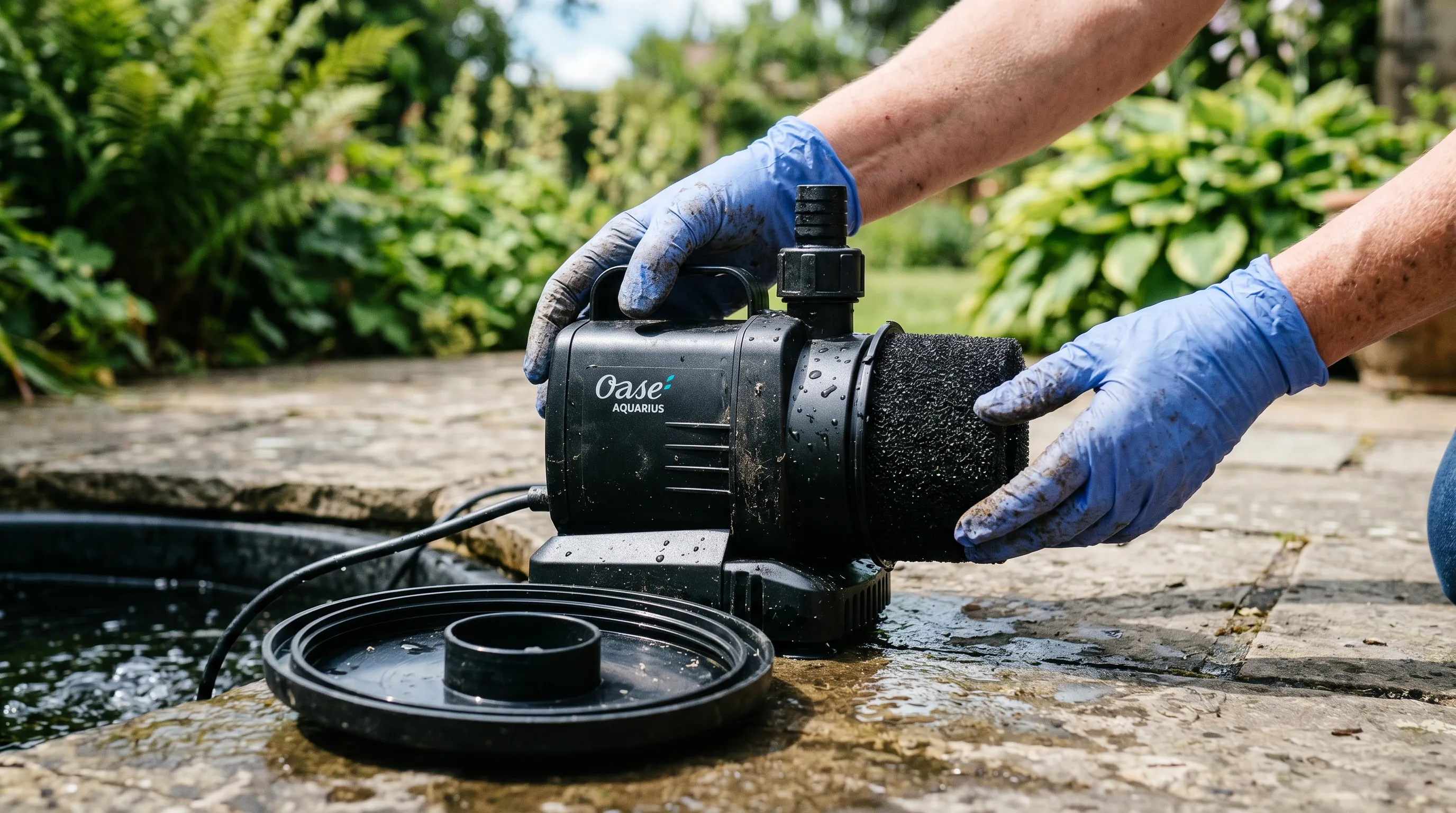 Close-up of an Oase Aquarius submersible pump with attached pre-filter sponge being inspected by a UK gardener wearing waterproof gloves on a sunny patio with the reservoir lid removed