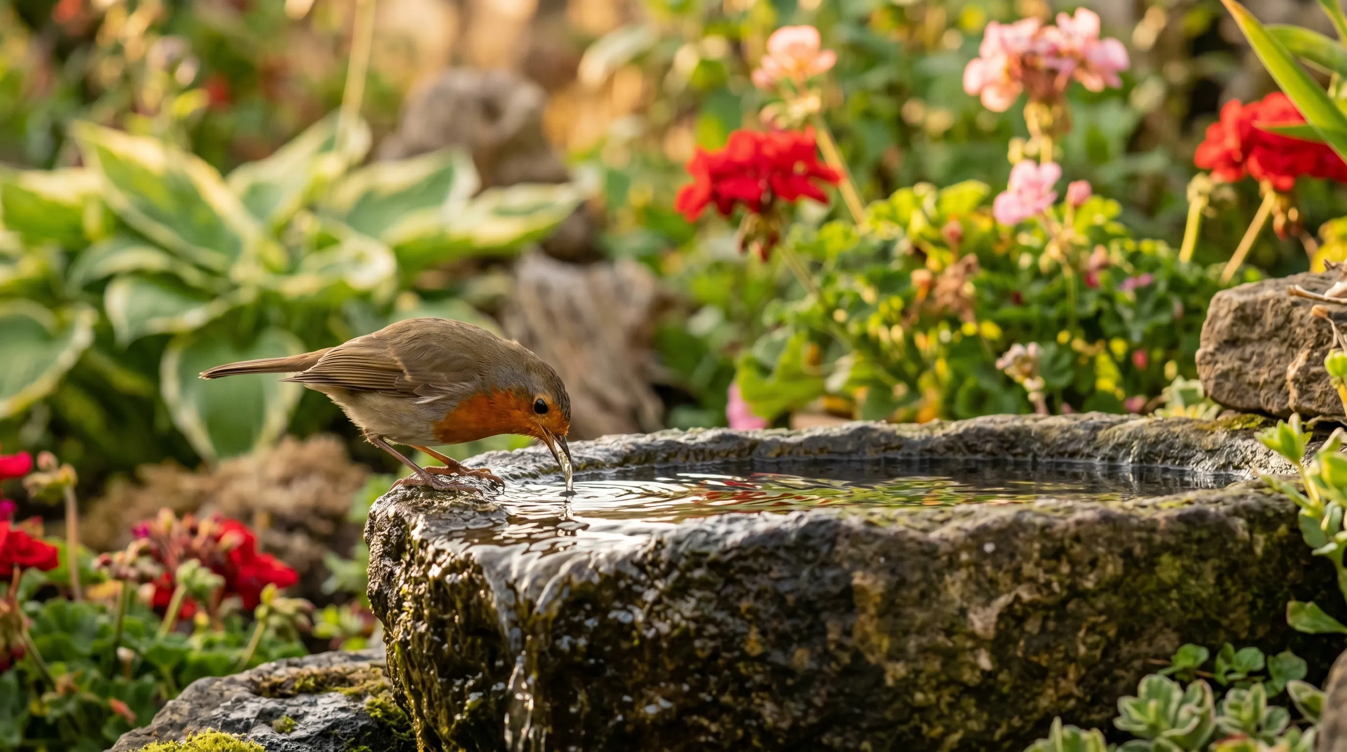 A robin perched on the rim of a stone bowl water feature drinking from the gentle overflow with planting in the background of a UK garden