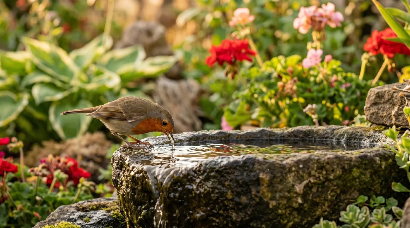 A robin perched on the rim of a stone bowl water feature drinking from the gentle overflow with planting in the background of a UK garden