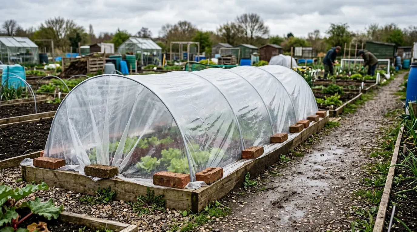 A polythene low tunnel covering a raised vegetable bed in a UK allotment