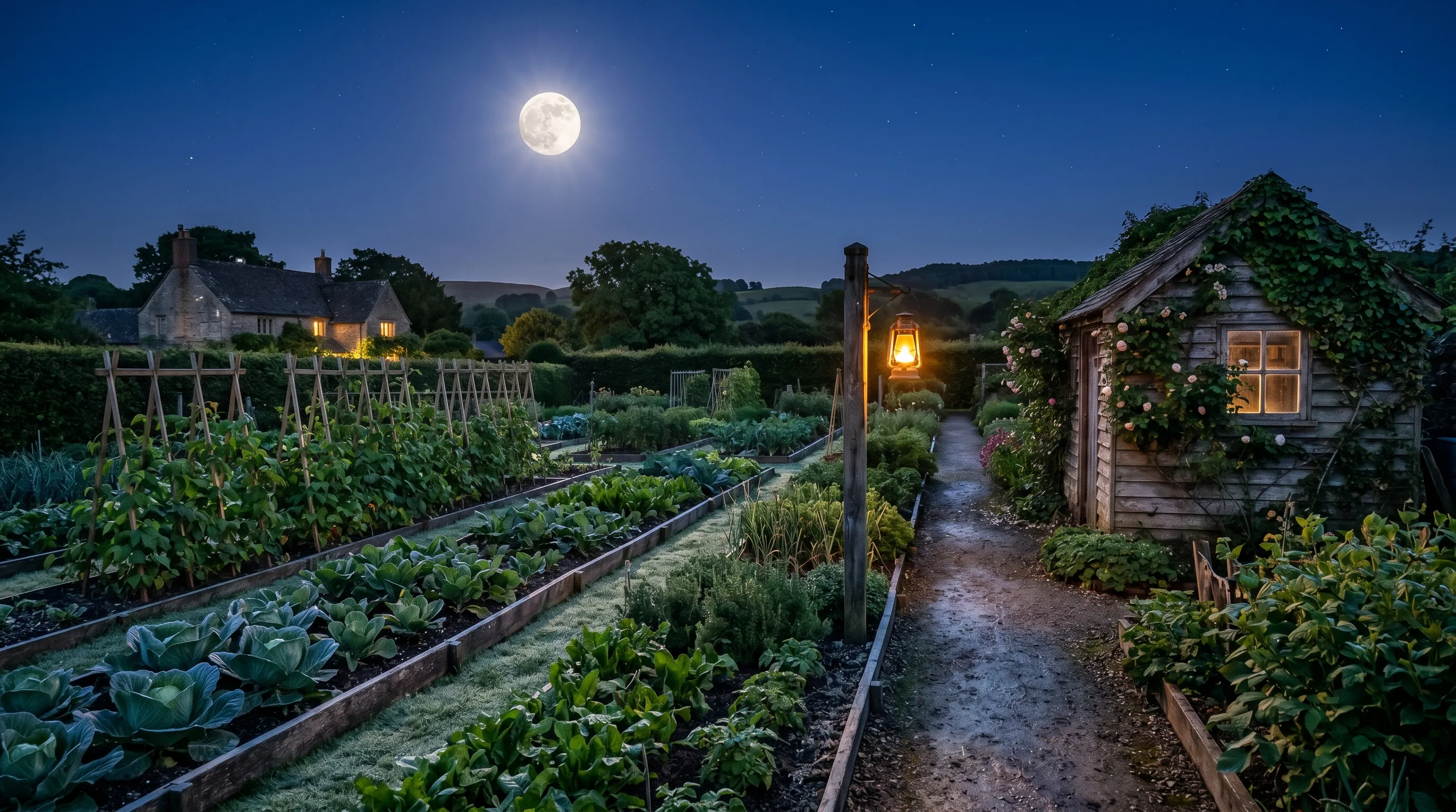UK kitchen garden at night under a clear full moon with rows of vegetables and garden shed silvered by moonlight