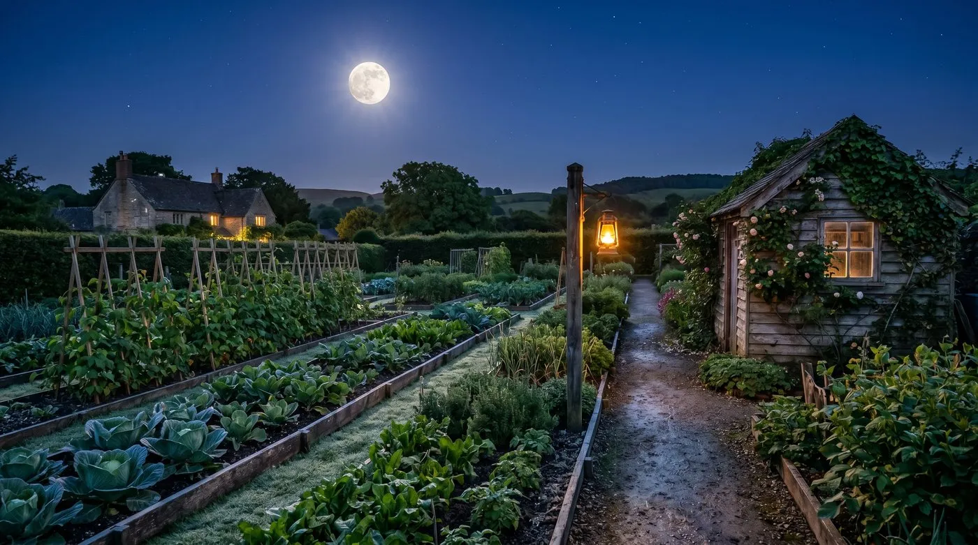 UK kitchen garden at night under a clear full moon with rows of vegetables and garden shed silvered by moonlight