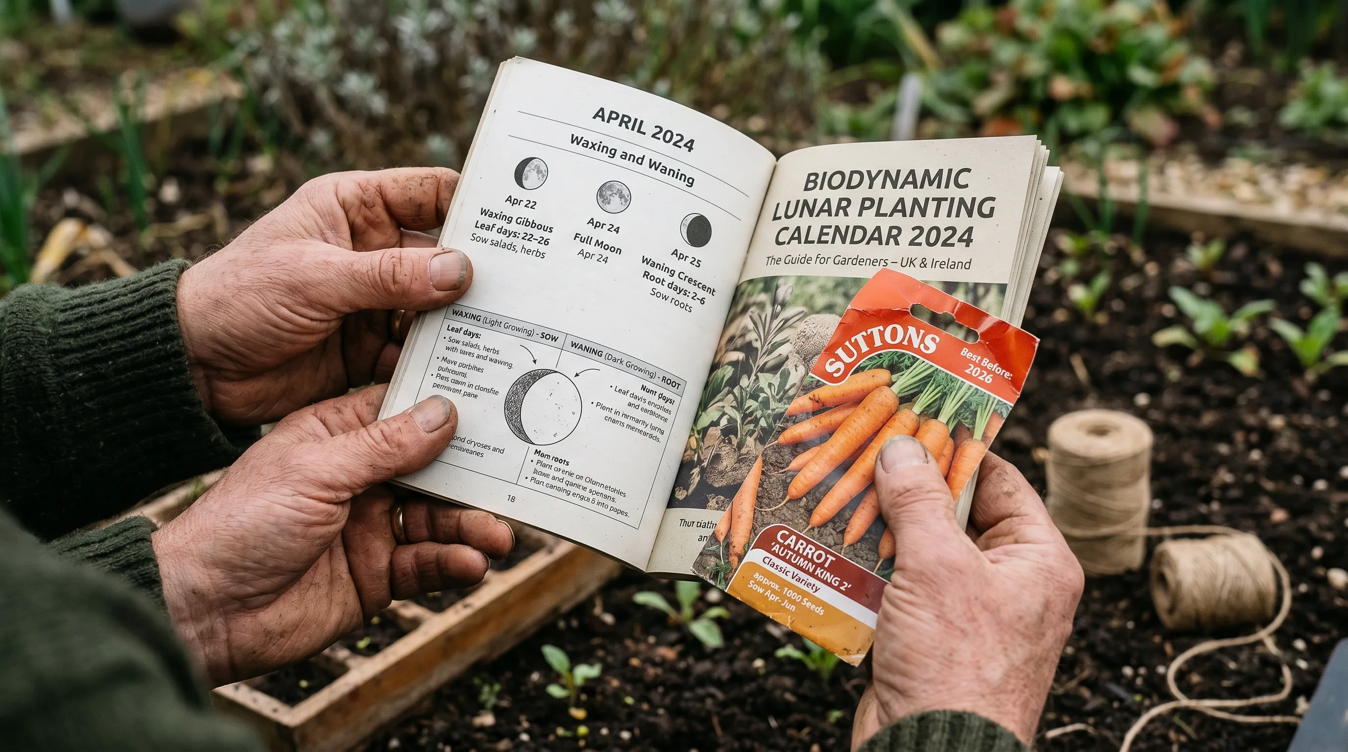 UK gardener's hands holding a biodynamic lunar planting calendar booklet showing waxing and waning moon phases beside a seed packet of carrots