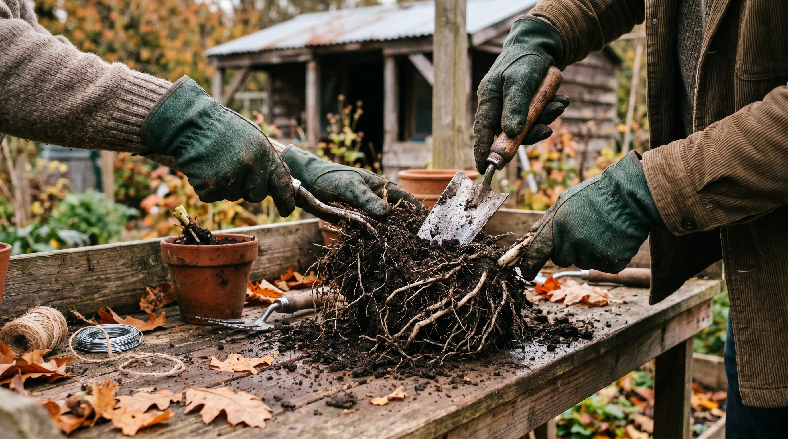 Gardener's hands using a sharp spade to divide a clump of Lysimachia roots on a wooden potting bench in autumn