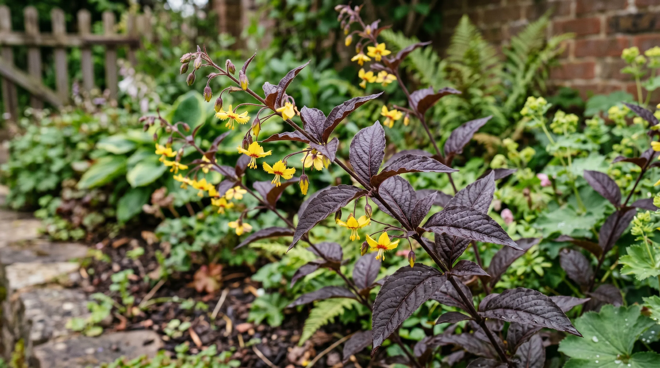 Lysimachia ciliata Firecracker with dark purple foliage and yellow nodding flowers planted in a suburban London garden border