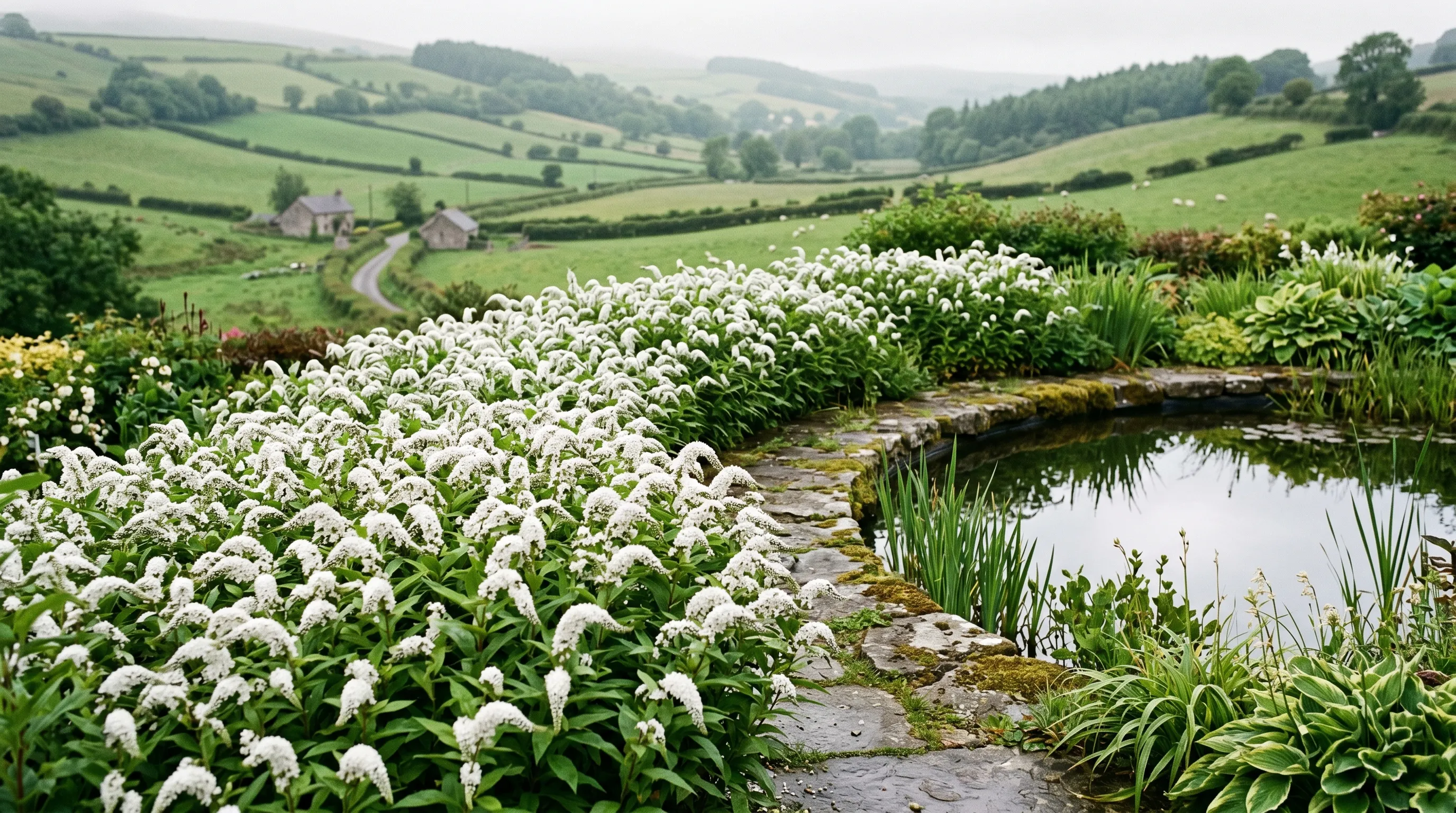 Mass planting of Lysimachia clethroides Gooseneck Loosestrife with arching white flower spikes by a pond in a Welsh valley garden