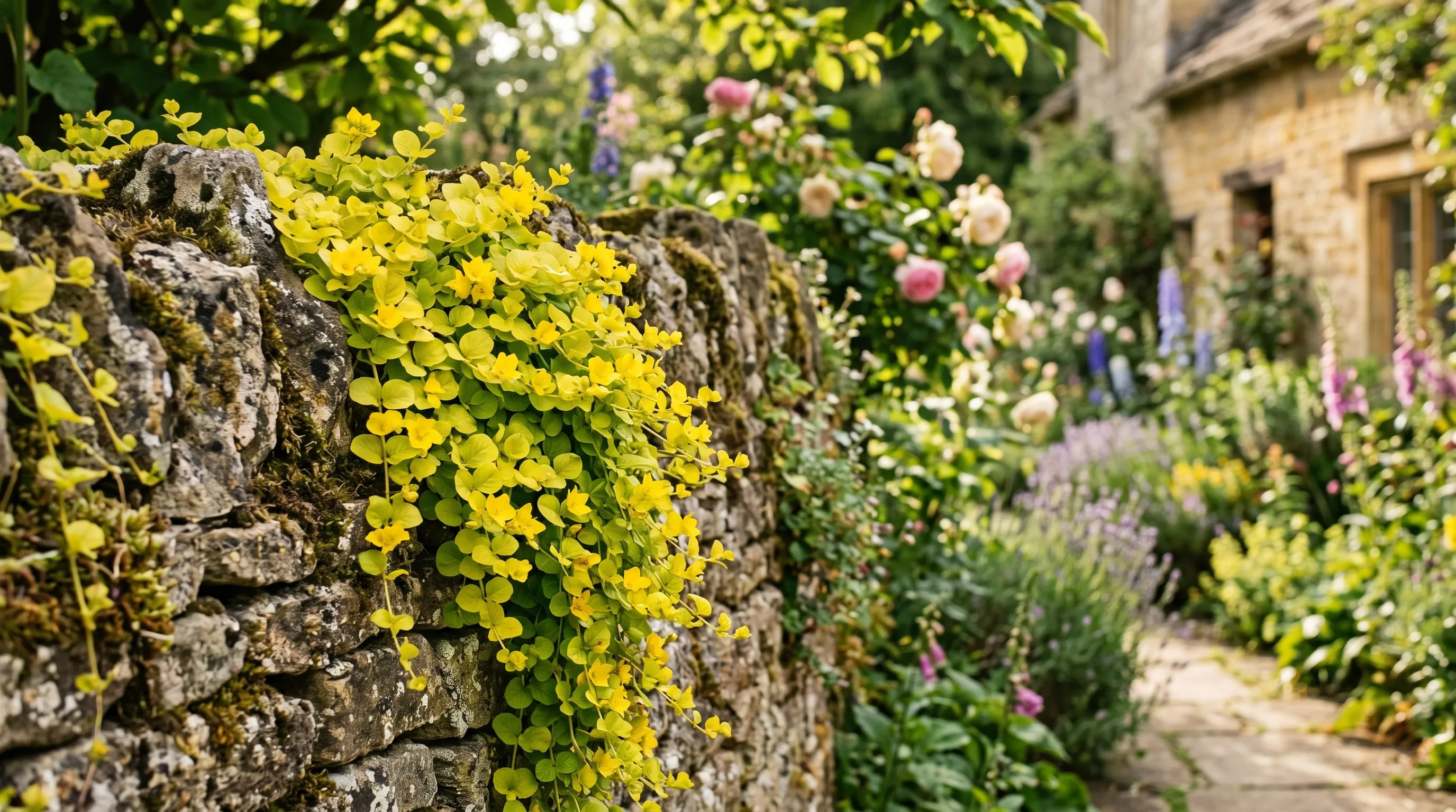 Golden creeping jenny Lysimachia nummularia Aurea cascading over a Cotswold stone wall in an English cottage garden