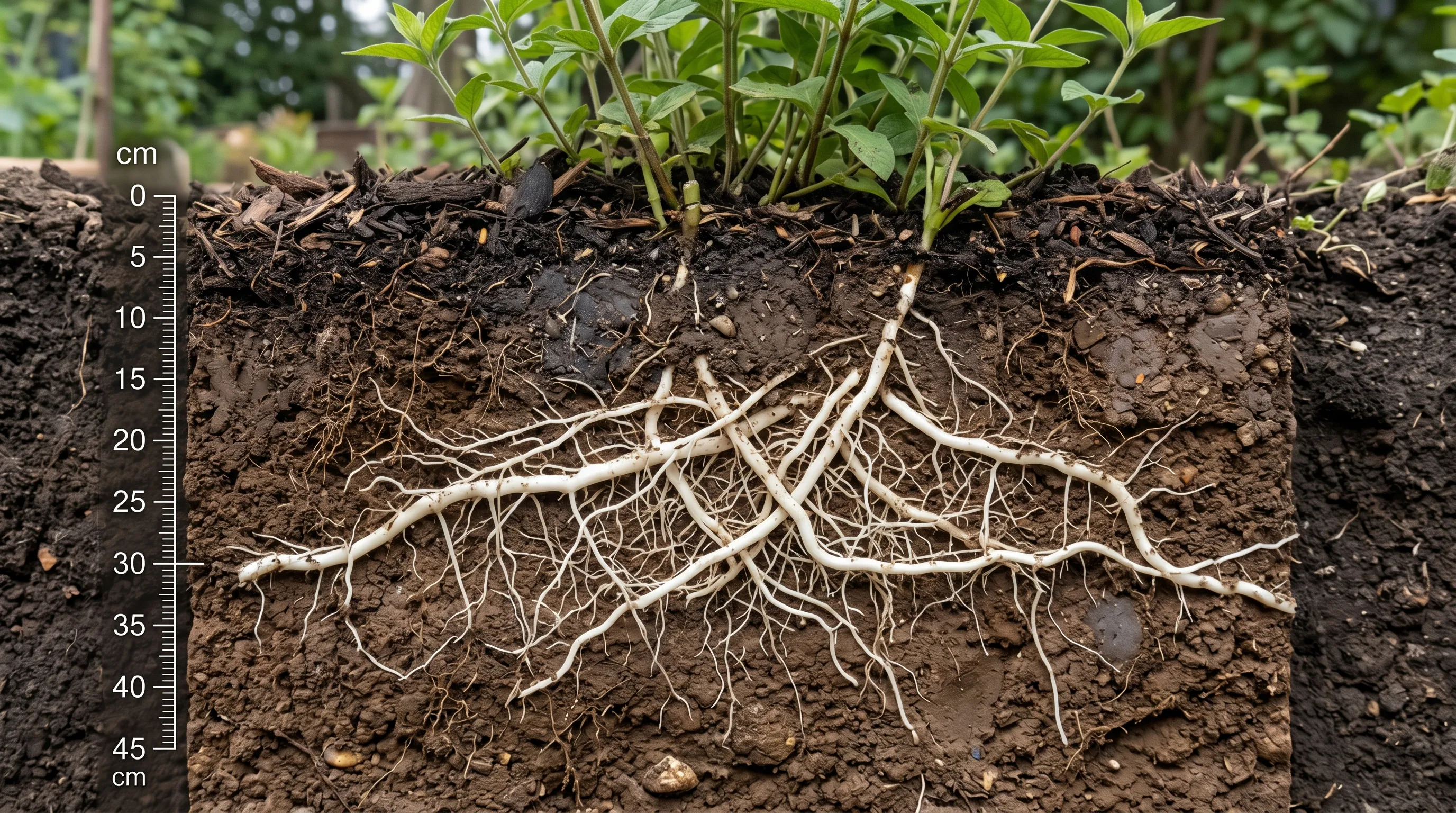 Technical cross-section showing white rhizomes of Lysimachia punctata spreading horizontally through brown clay soil at 30cm depth