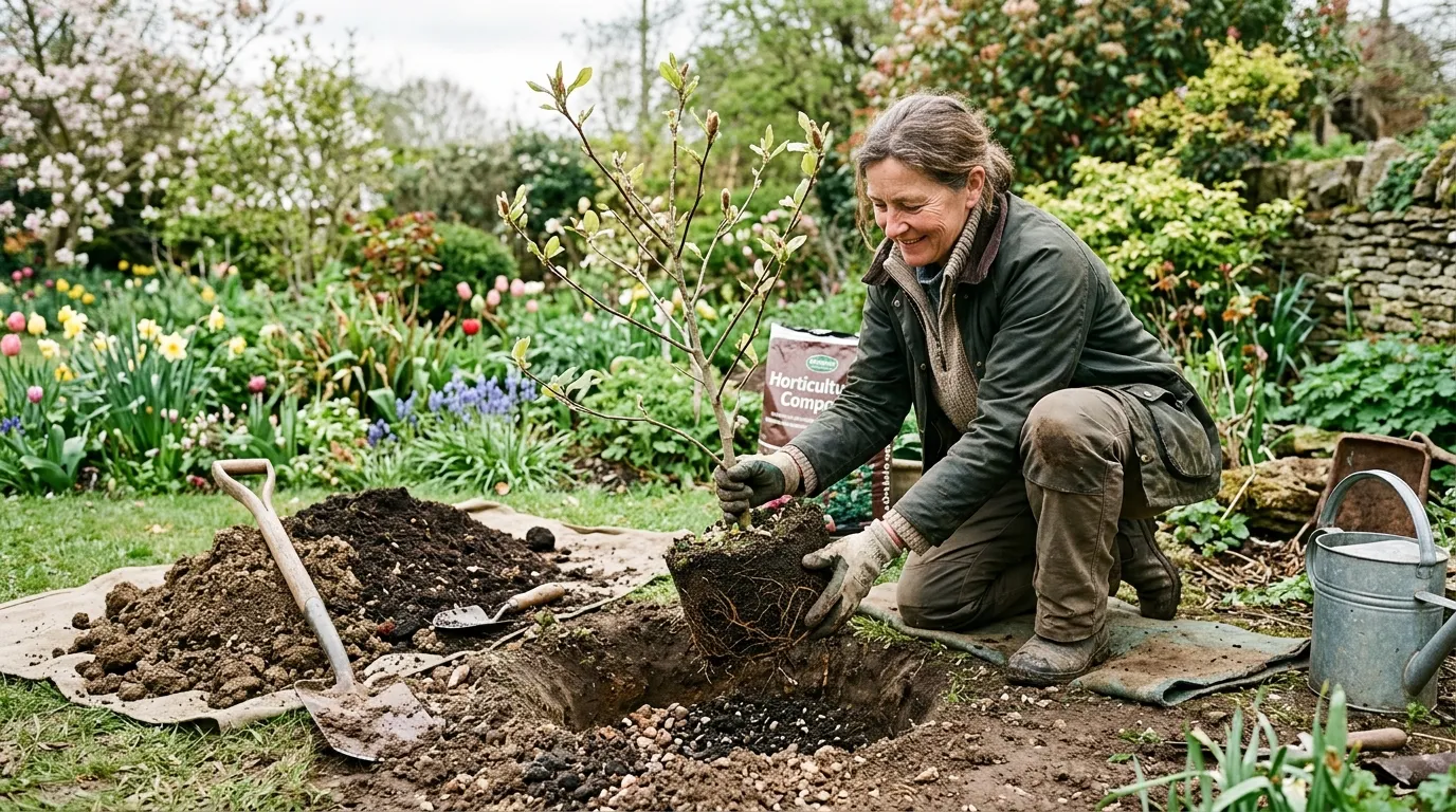 Gardener planting a young magnolia tree in a prepared hole in a UK garden showing root ball and soil