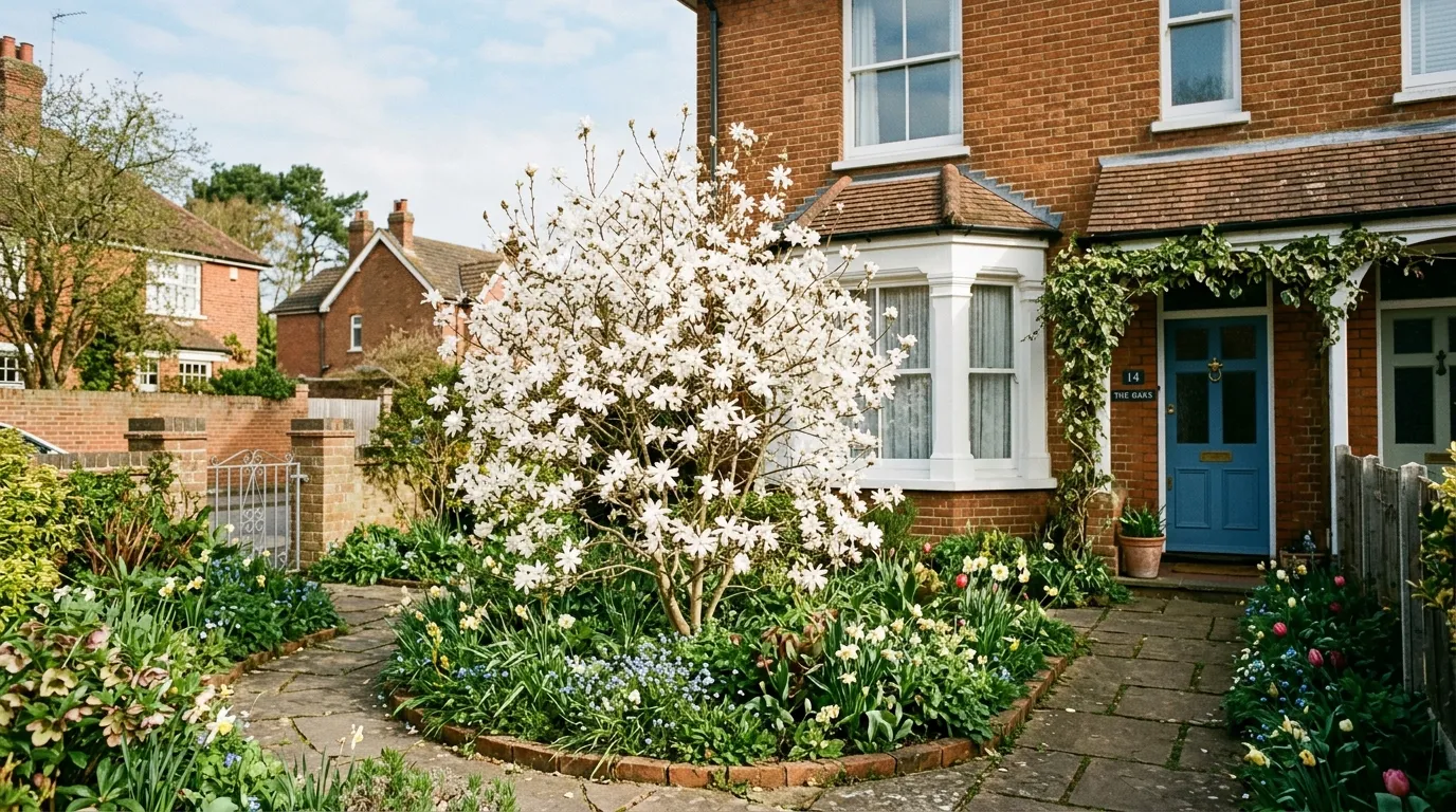Magnolia stellata star magnolia with white flowers growing in a small UK front garden