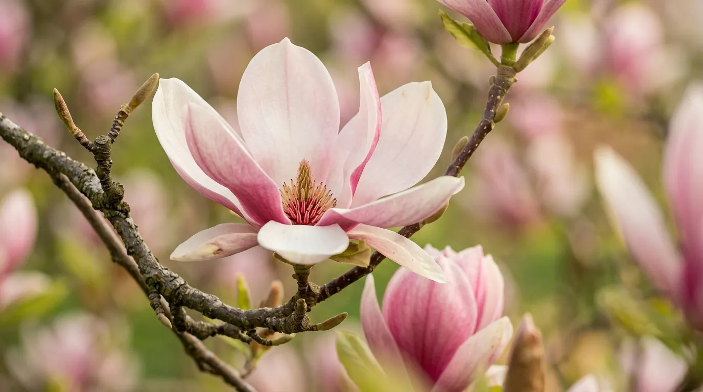 Magnolia soulangeana flowers showing characteristic pink-flushed white petals in close-up detail