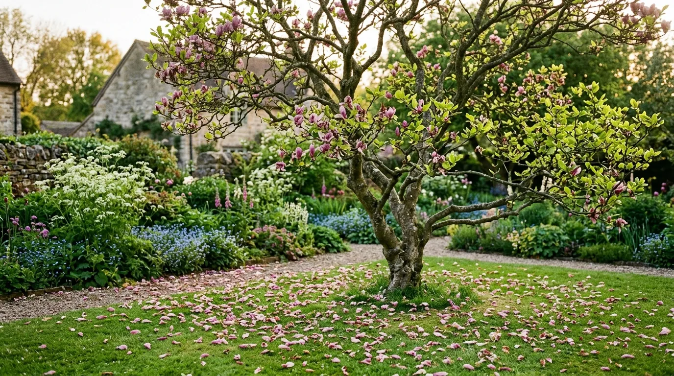 Mature Magnolia x soulangeana in a Staffordshire garden in early May immediately after flowering with fading petals on branches