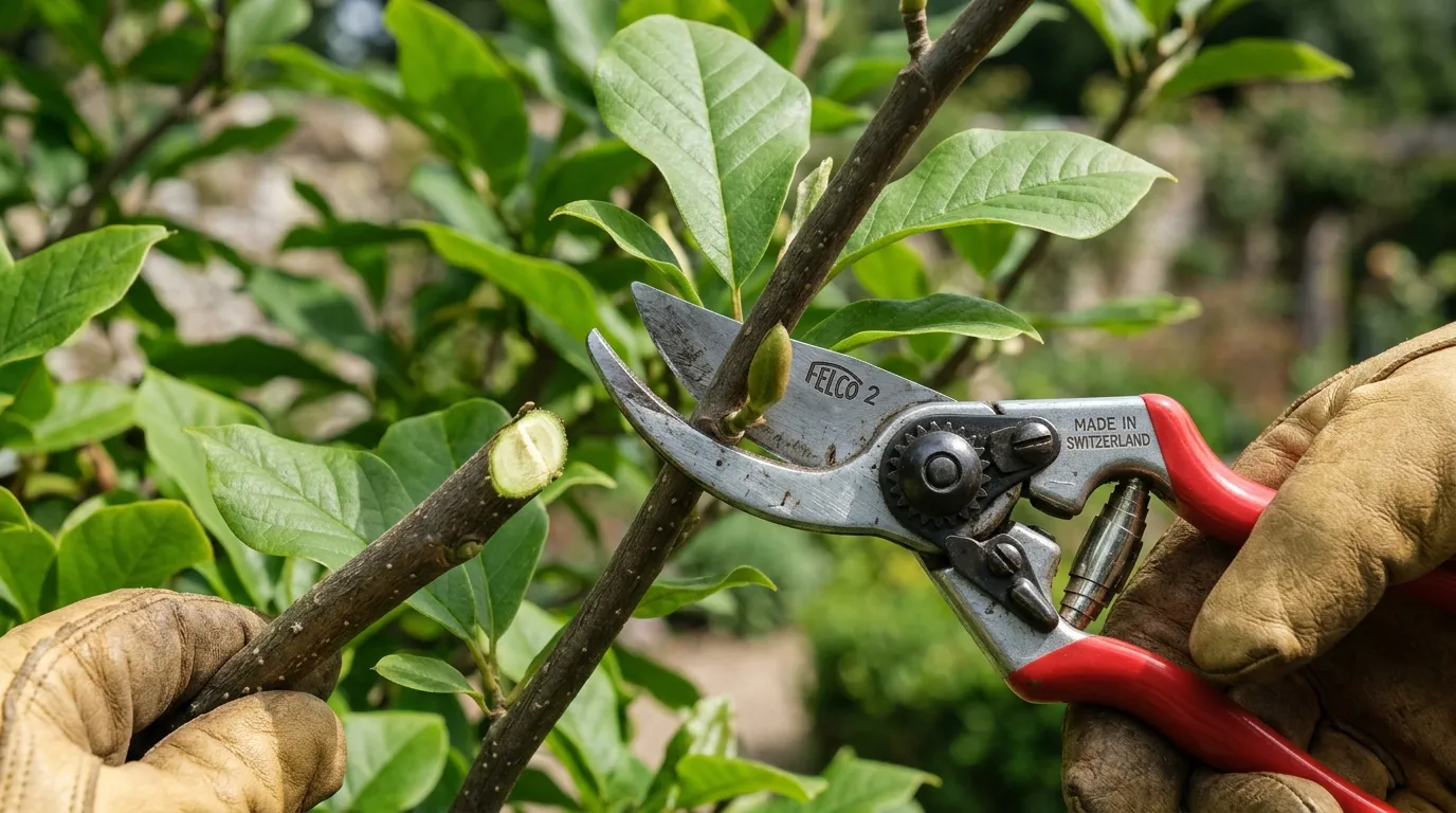 Sharp Felco bypass secateurs making a clean pruning cut on a slim Magnolia stellata branch in July