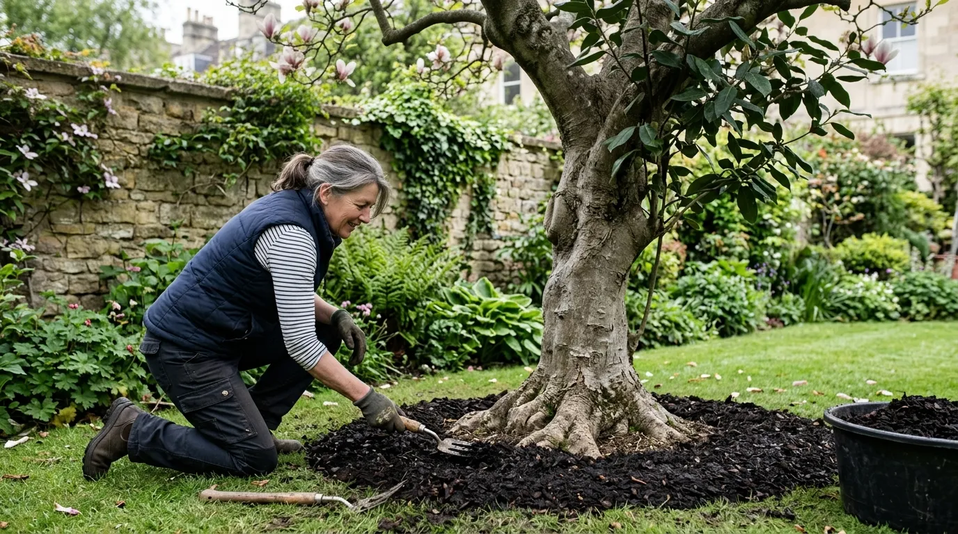 Gardener spreading dark composted bark mulch around the base of a magnolia tree kept clear of the trunk