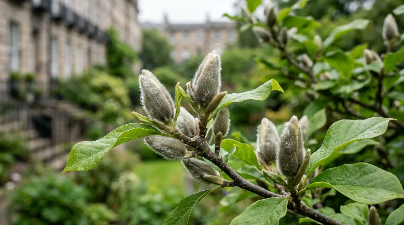 Fuzzy silvery-grey magnolia flower buds forming on a UK tree branch in late August