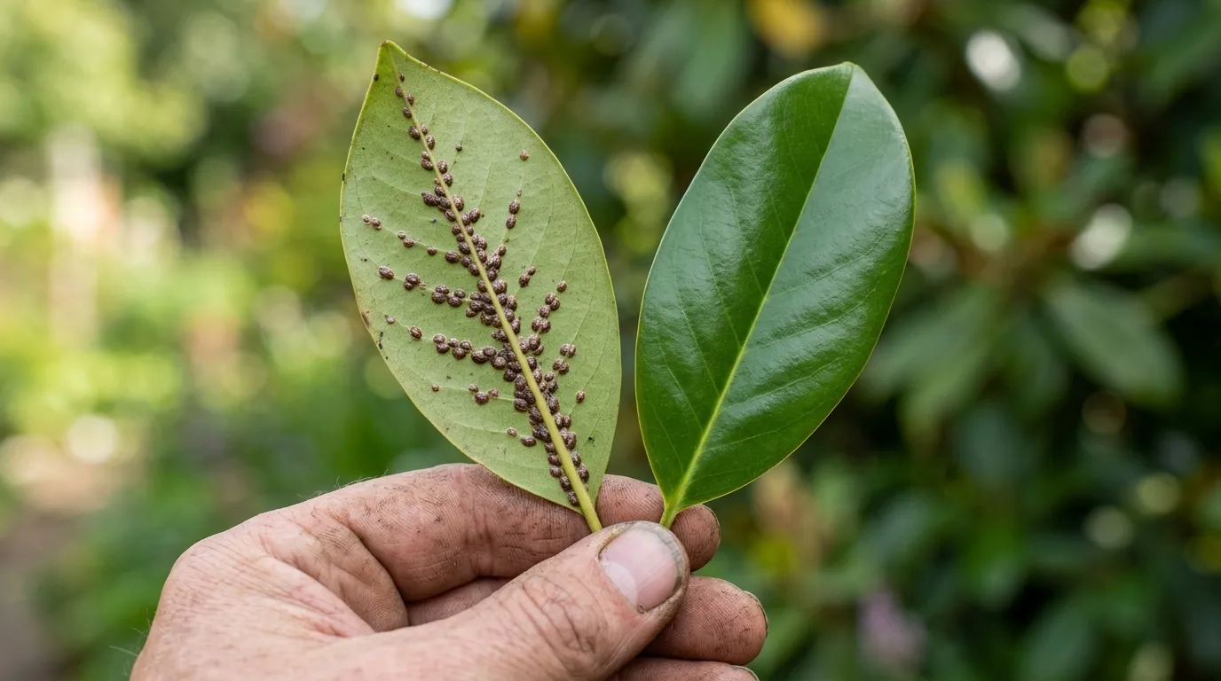 Diagnostic close-up showing scale insects on the underside of one magnolia leaf alongside a clean healthy leaf