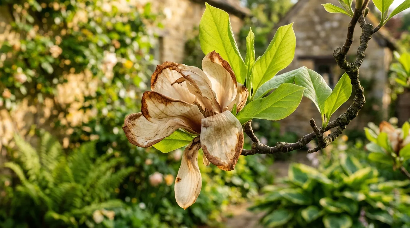 Faded magnolia bloom still attached to a branch in mid-May with fresh green leaves opening behind it