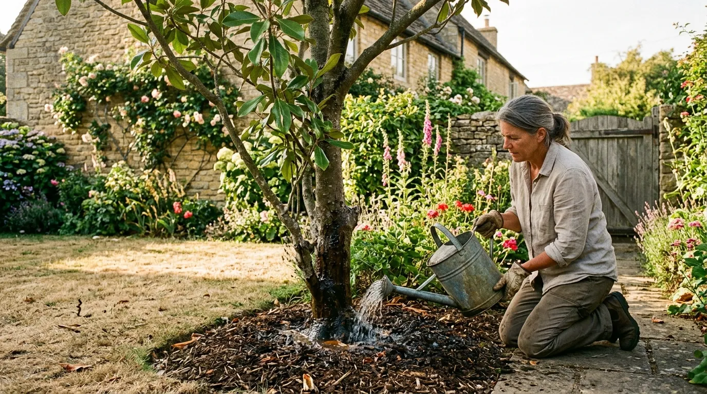 Gardener watering the root zone of an established magnolia tree with a galvanised watering can in dry July