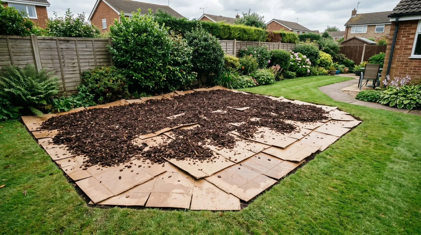 A marked-out bed covered with overlapping cardboard and a thick layer of dark bark mulch smothering the grass beneath