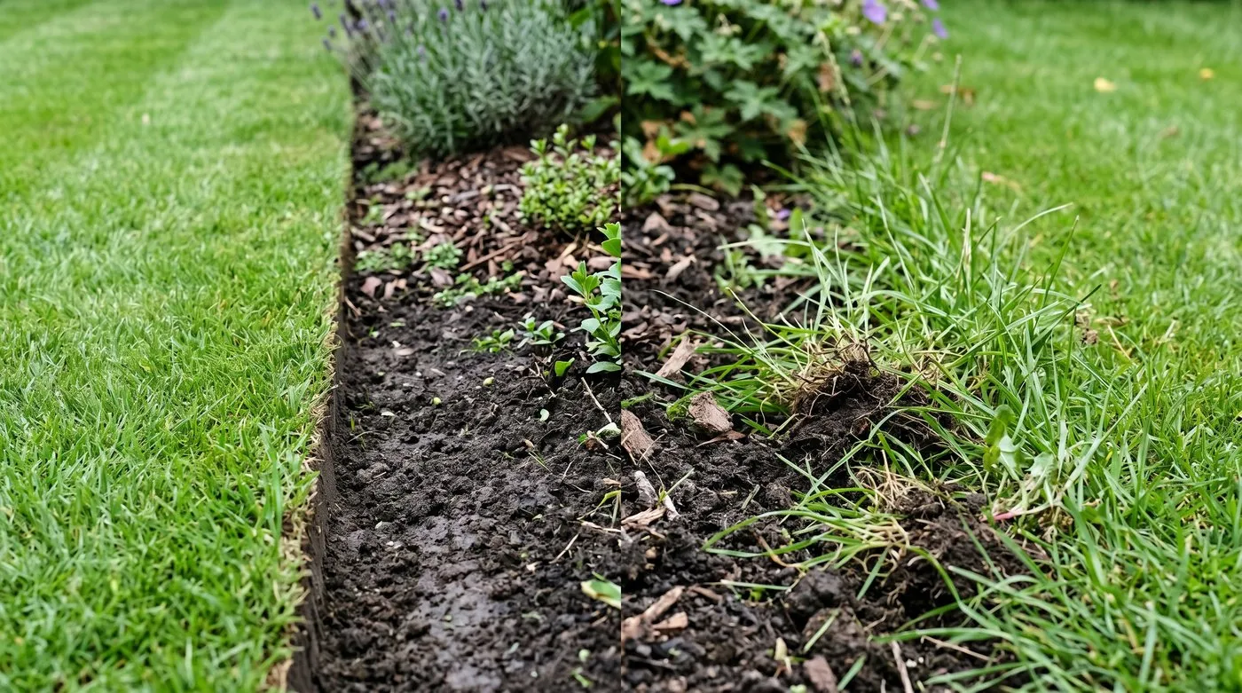 Close-up comparison of a crisp clean cut lawn edge beside a ragged torn untidy edge along a flower bed