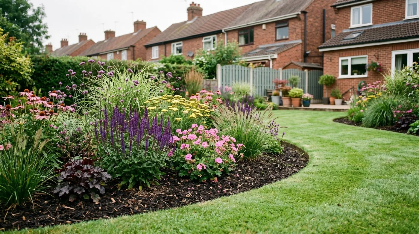 A finished curved island flower bed cut into a green suburban lawn, planted with mixed perennials and ornamental grasses