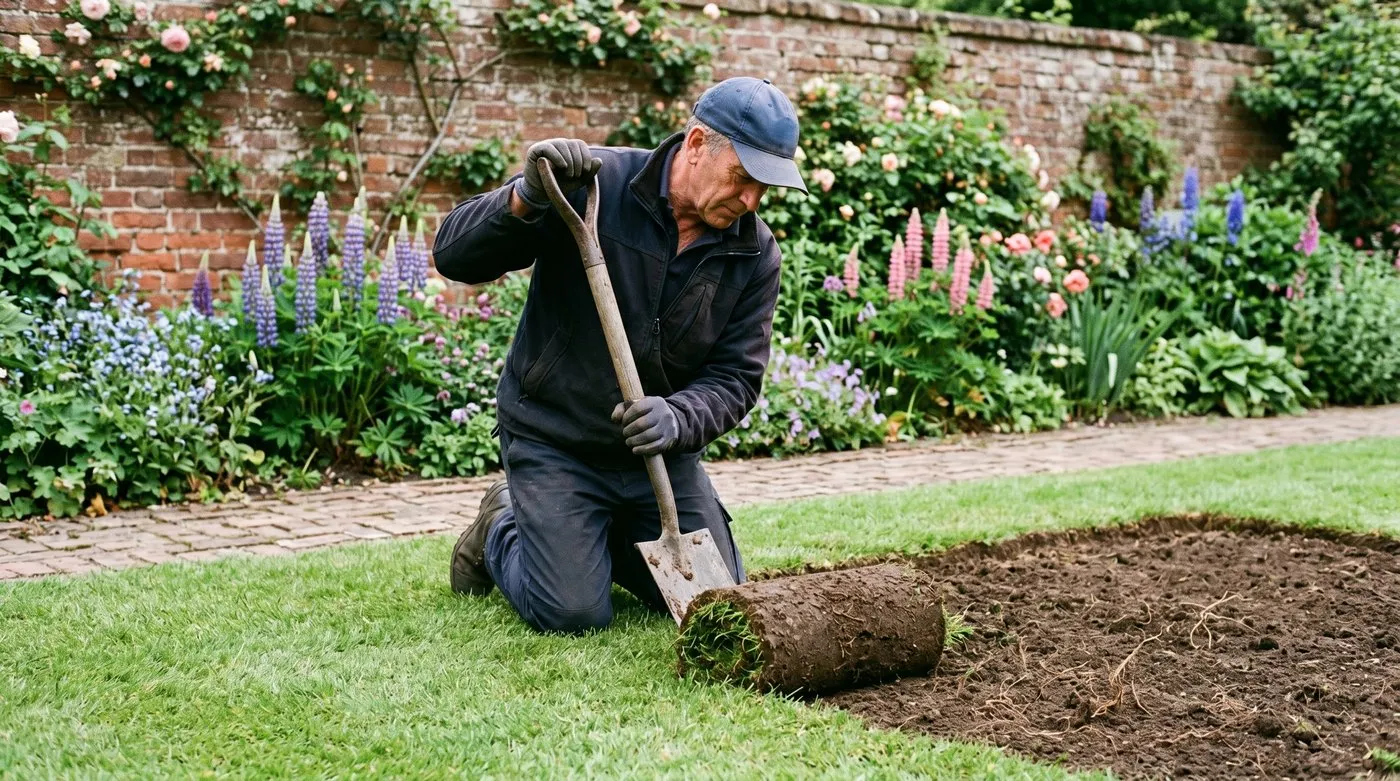 A gardener lifting a strip of turf with a spade from a marked-out bed, dark soil and grass roots visible