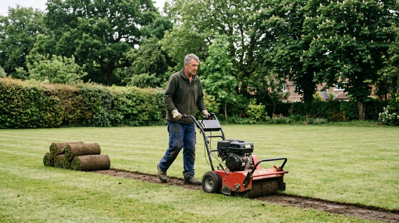 A petrol turf cutter slicing a clean strip of turf from a large country lawn with rolled sods alongside