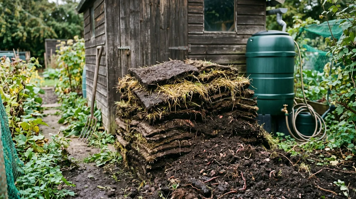A stack of cut turf piled grass-side-down in a shady allotment corner, partly rotted into dark crumbly loam