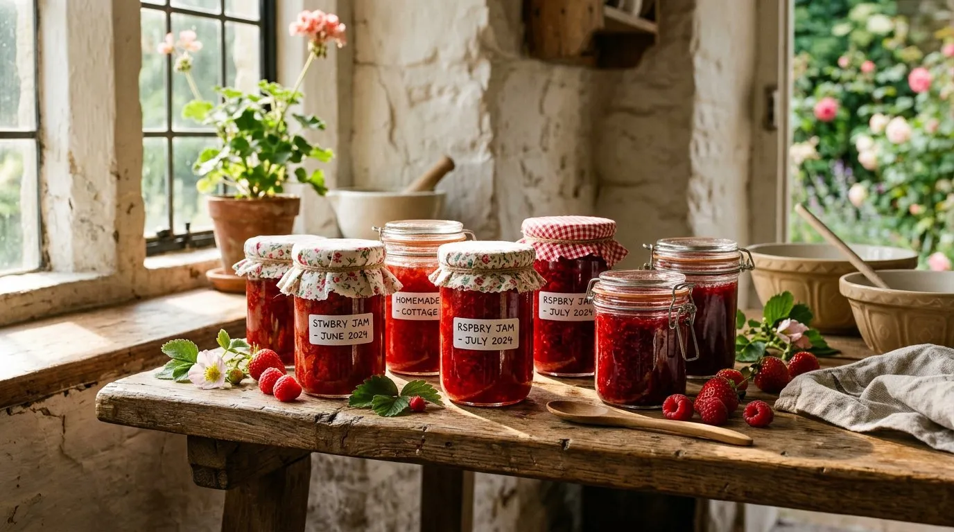 Bubbling deep red strawberry jam in a preserving pan with sterilised jam jars waiting to be filled