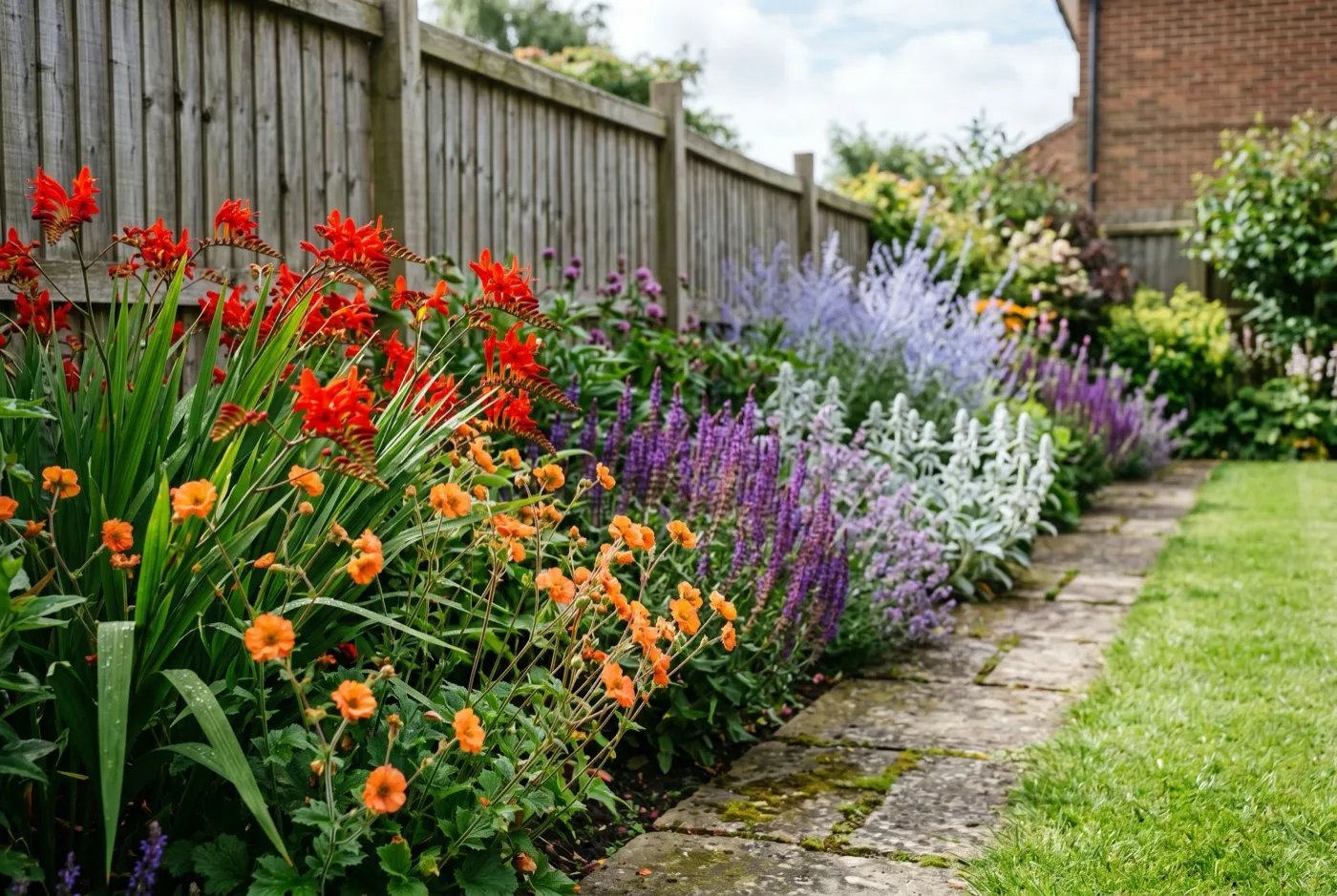 Border running from hot red crocosmia in the foreground to silver and blue planting at the far fence of a suburban garden