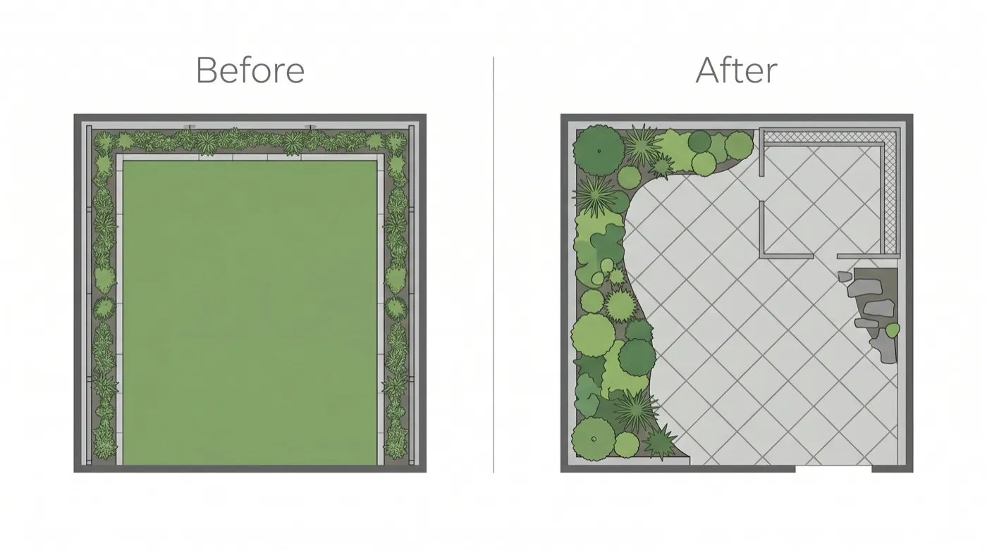 Clean minimal overhead plan diagram comparing two identical small gardens, one with a central lawn and thin borders, one with a diagonal layout