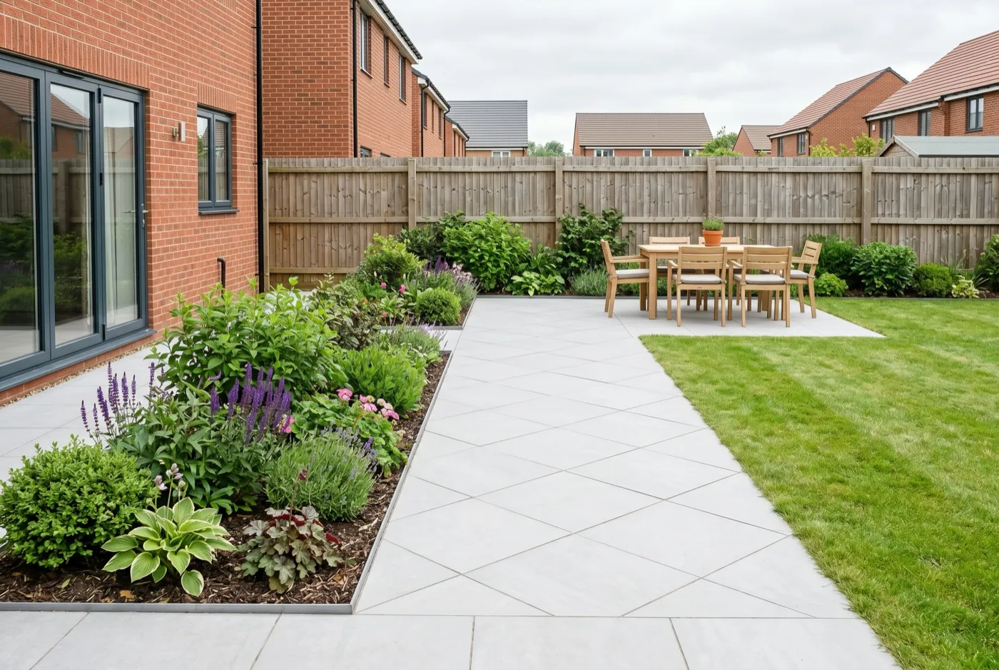 Pale porcelain paving laid at a 45-degree diagonal across a small new-build estate garden in summer