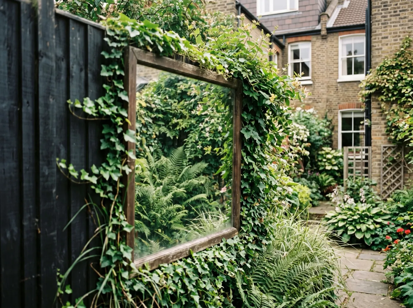Acrylic garden mirror angled into ferns and climbers on a fence so the reflection reads as a gap into more planting
