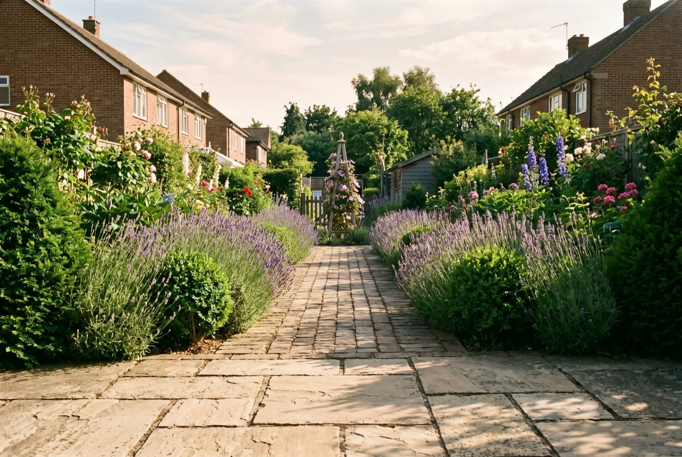 View straight down a paved garden path that narrows from wide slabs in the foreground to small pavers at the far end