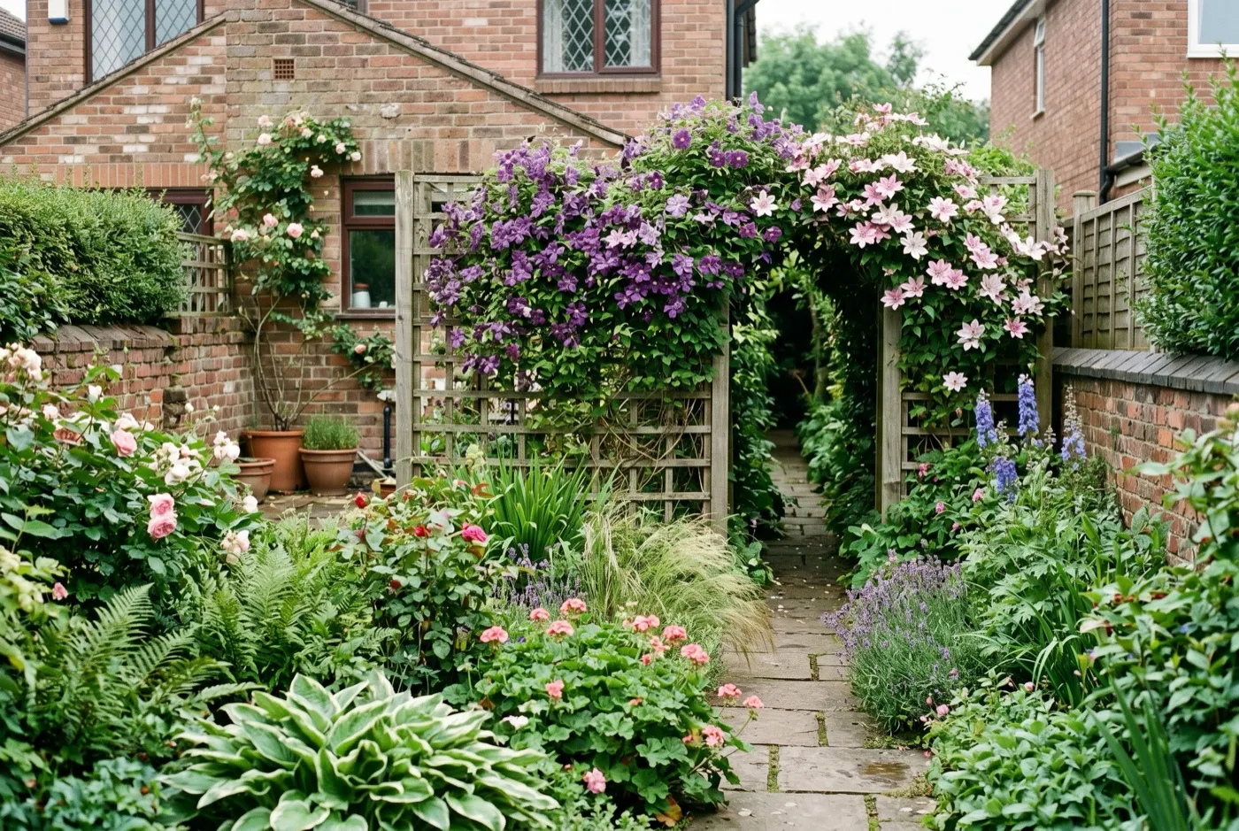Trellis screen with climbers concealing the rear section of a small garden, with a path disappearing through a gap