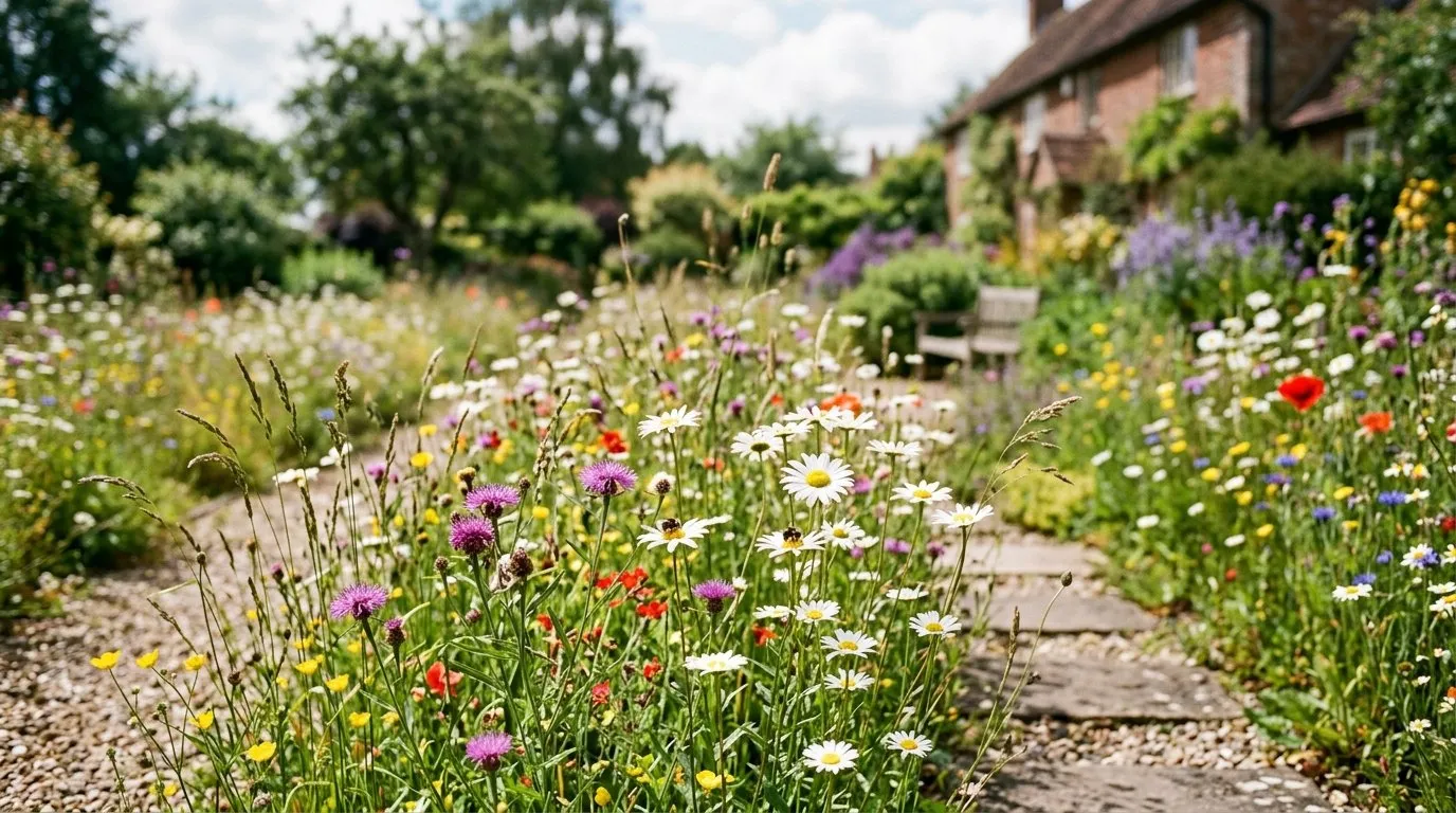 UK garden scene showing make wildflower meadow in seasonal context