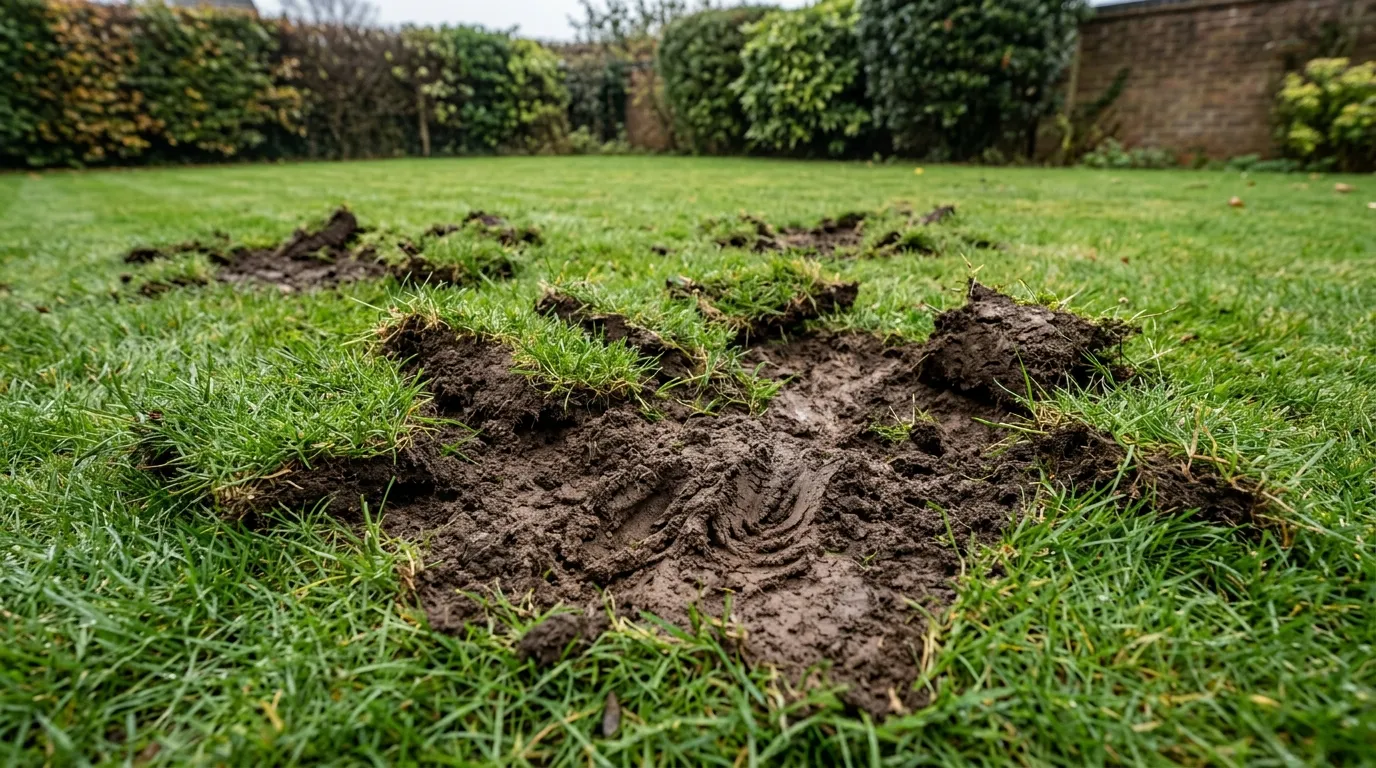 Typical badger snuffle damage on a UK lawn with chunks of turf lifted in patches and characteristic snout grooves visible in the soil