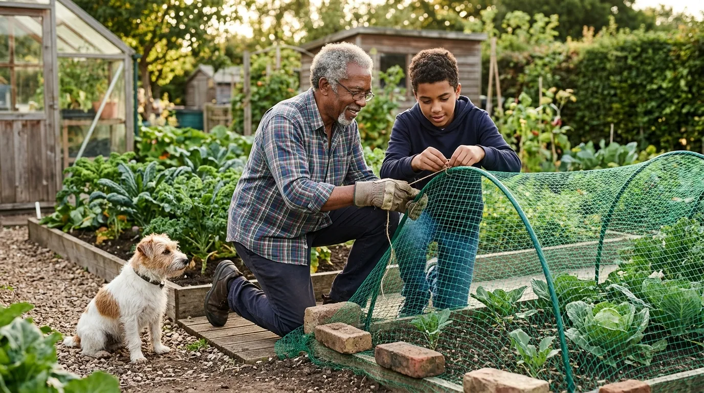 Black-British grandfather and his teenage mixed-heritage grandson tying down 19mm mesh netting over green hoops above a kale bed in a UK kitchen garden, terrier dog watching
