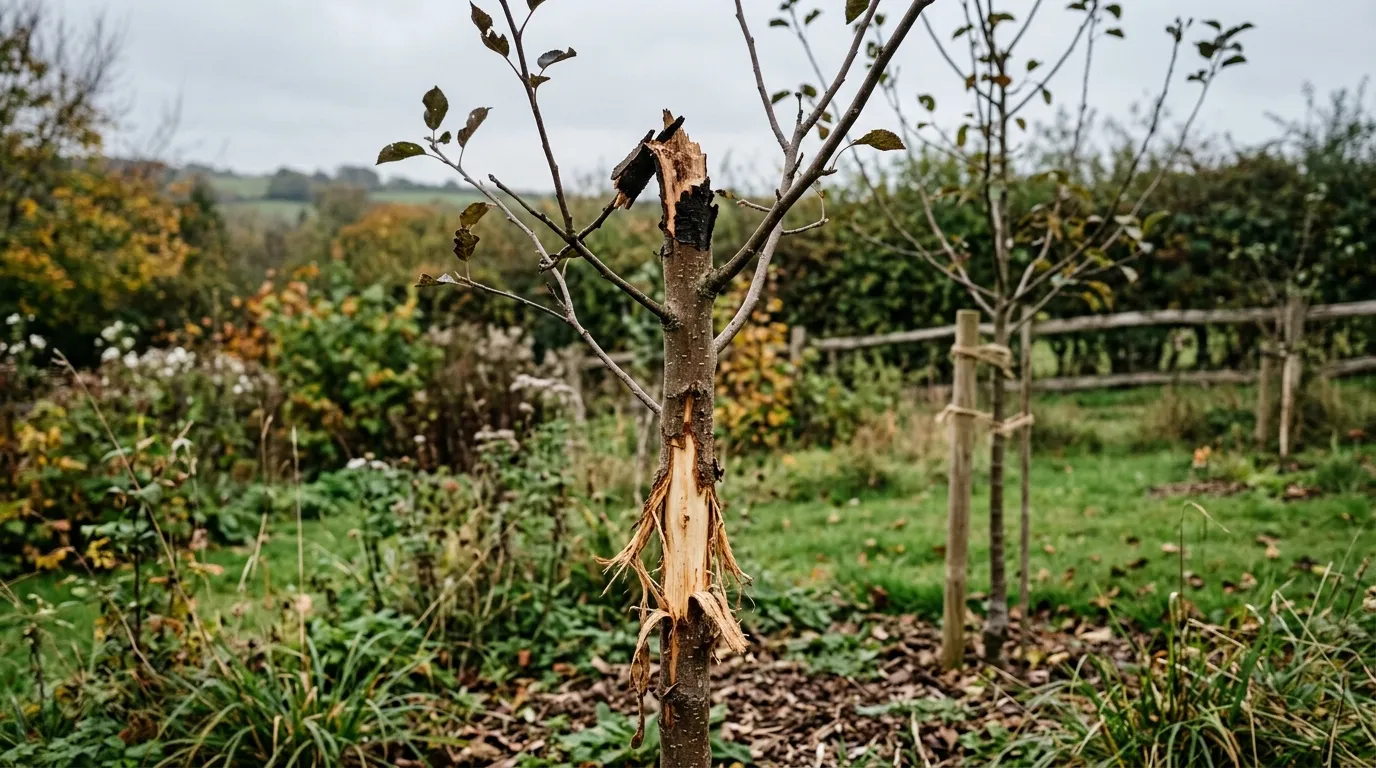 High-level deer browse damage on a UK apple sapling with the leader bitten off at 1.4m and frayed bark from antler rubbing visible