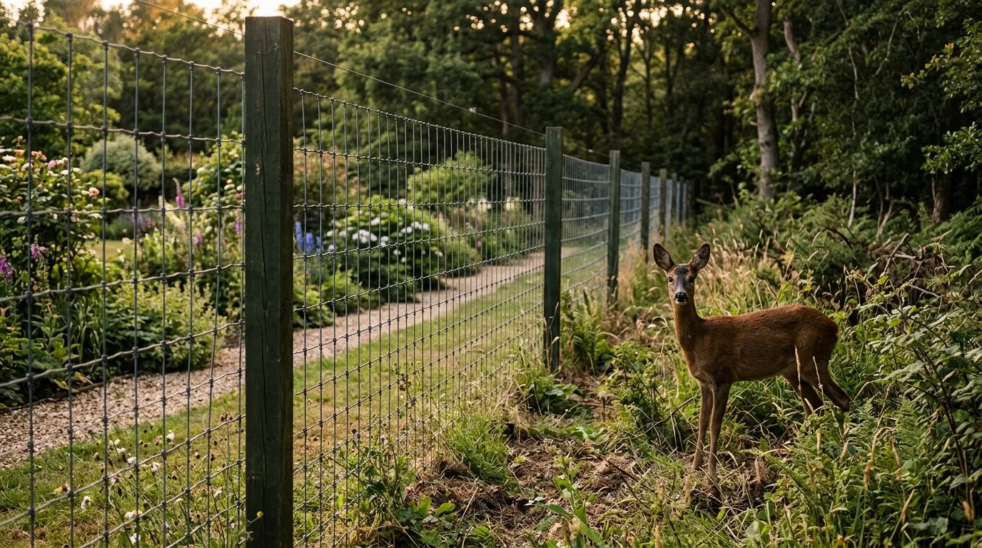 1.8m chain link deer fence along the boundary of a rural UK garden with a roe deer pausing on the wild side at golden hour