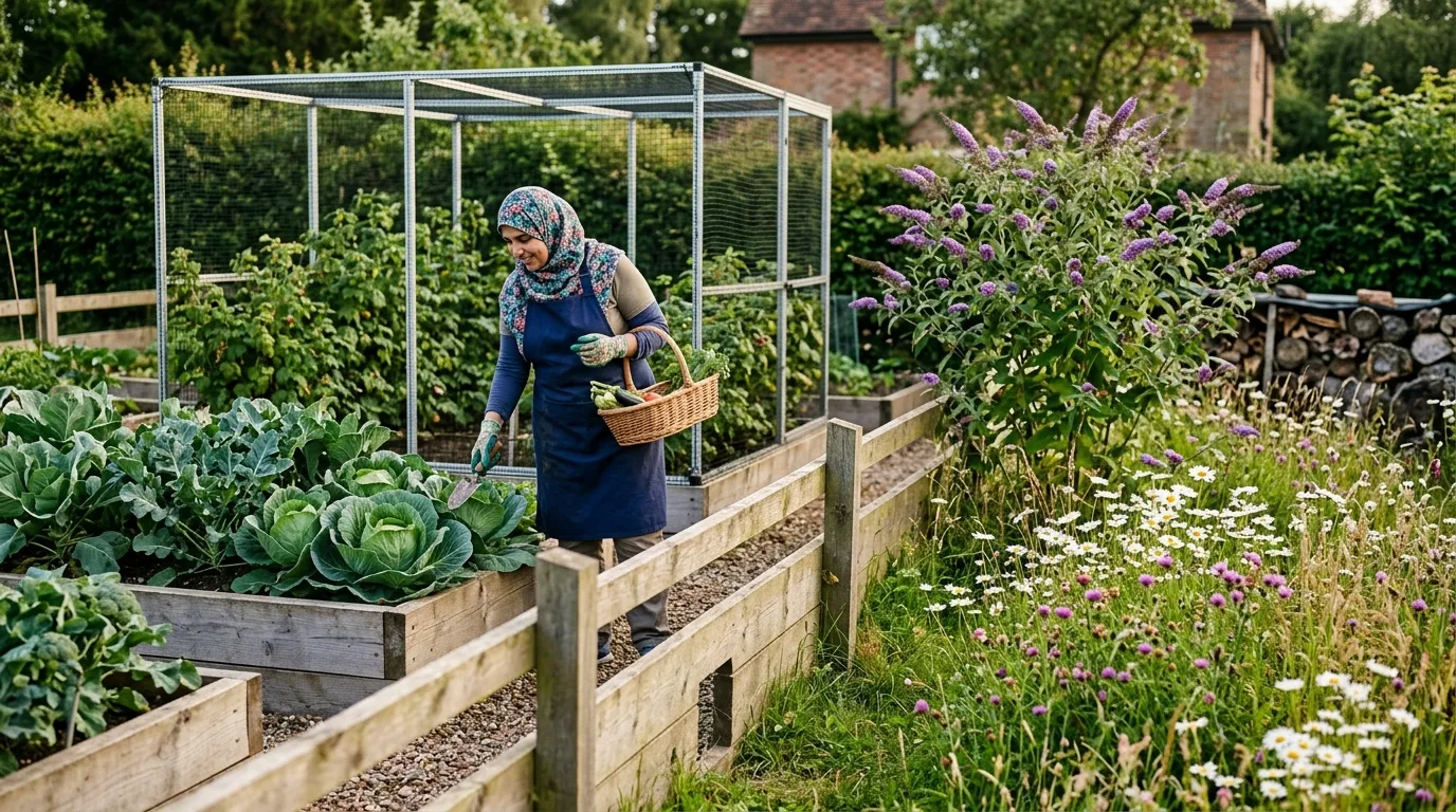 UK kitchen garden split into a fenced protected zone with raised beds and a fruit cage and a shared wildlife zone with wildflowers and a hedgehog highway, Muslim woman in casual hijab inspecting brassicas
