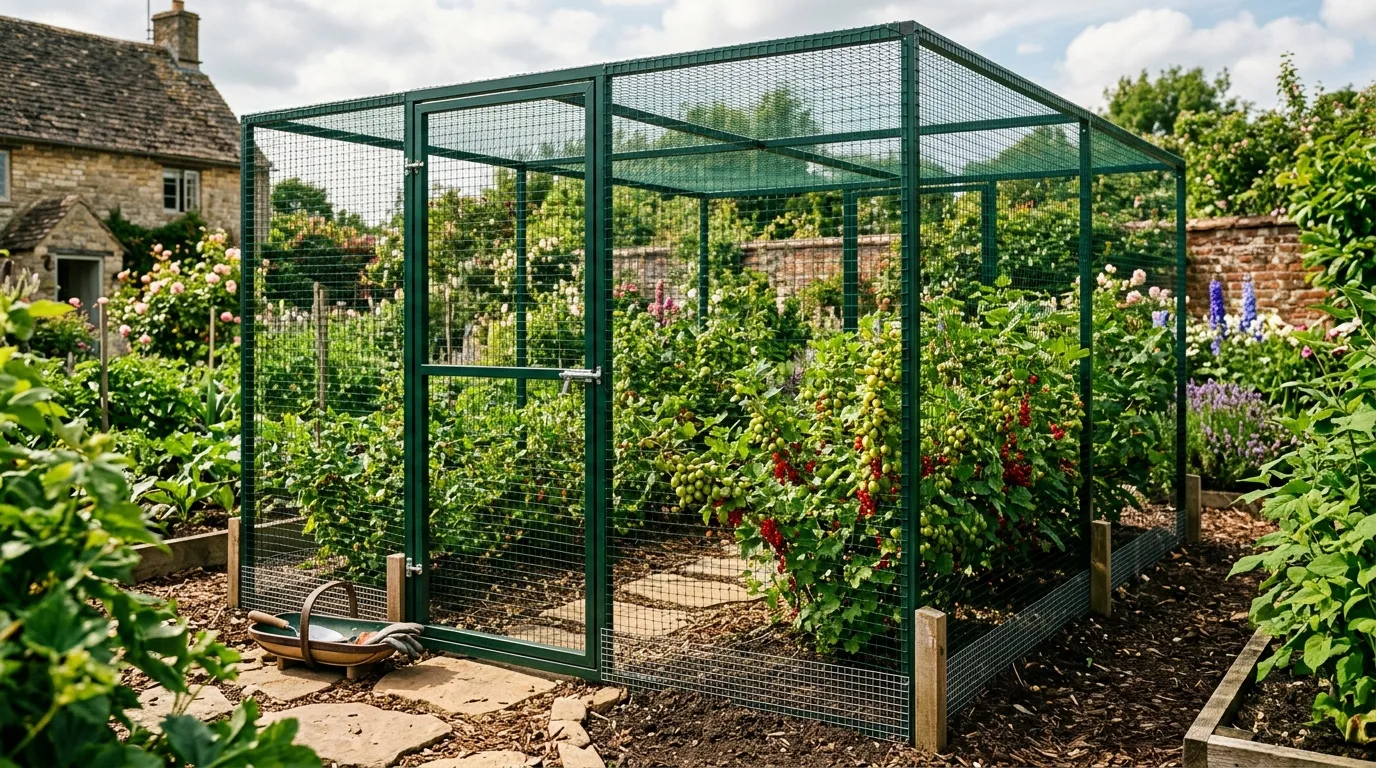 Sturdy 2.4m aluminium-frame fruit cage in a UK kitchen garden with 19mm mesh sides and roof, badger-proof buried skirt and gooseberry bushes inside