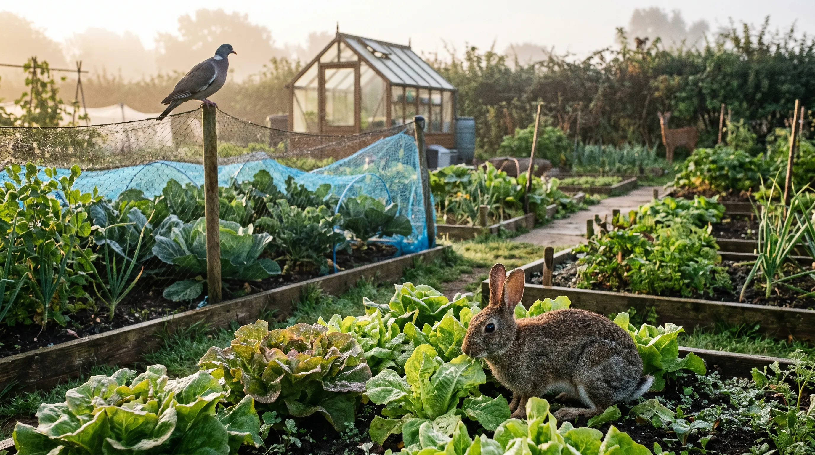 UK kitchen garden at dawn with a wild rabbit grazing in the foreground, a wood pigeon on a netting post and a young roe deer visible at the back hedge