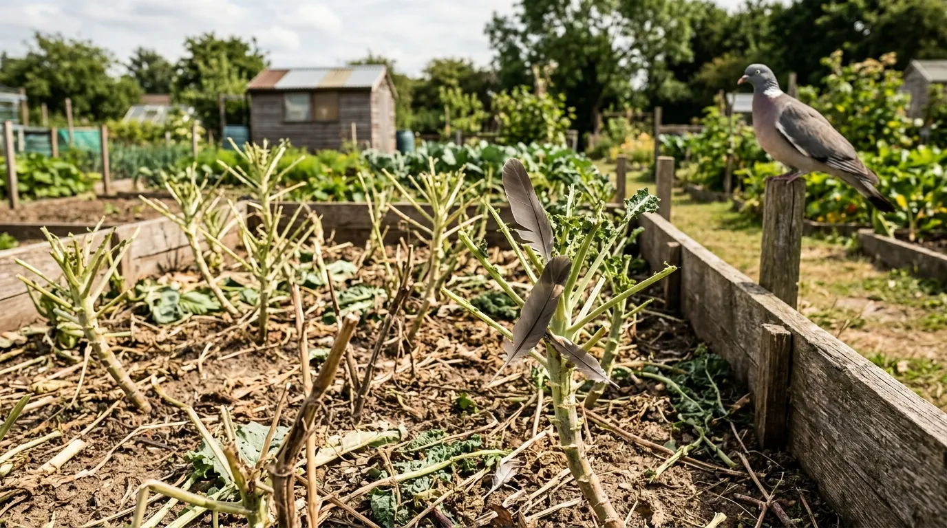 UK brassica bed completely stripped by wood pigeons with cabbage and kale plants reduced to bare ribs and central stalks