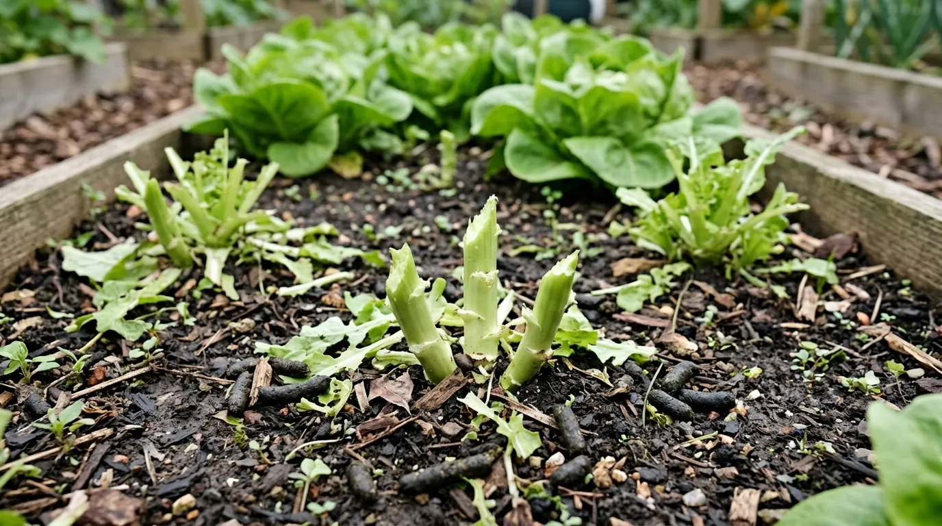 Macro photograph of rabbit damage on a UK garden lettuce row showing several plants nibbled to clean-bite stumps with fresh droppings on the soil
