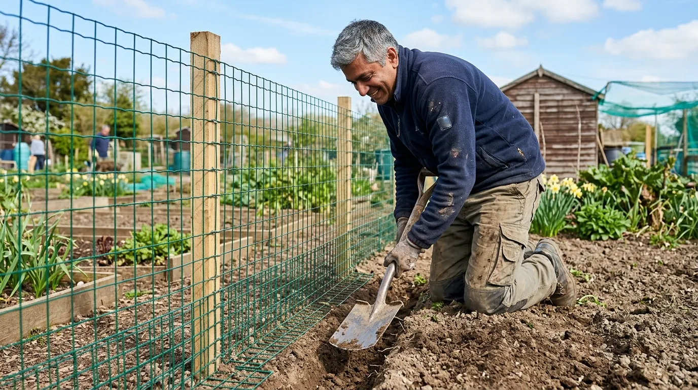 Indian-British gardener around 50 digging a 300mm-deep trench beside a 1.2m-tall rabbit-proof wire fence on a UK allotment, posts at 2m intervals