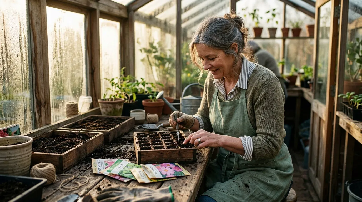 Gardener sowing seeds into trays on a potting bench in a greenhouse in early March morning light