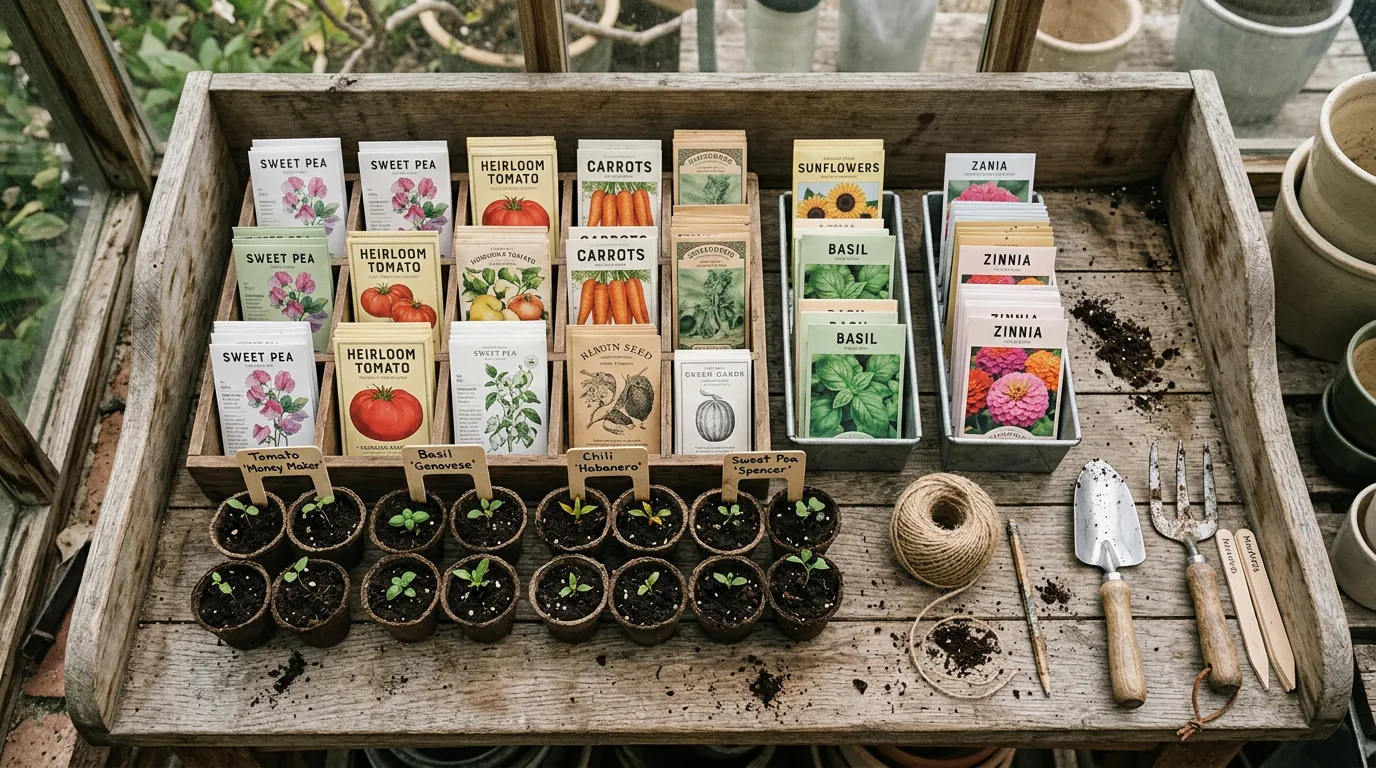 Organised seed packets and labelled trays on a potting bench ready for March sowing