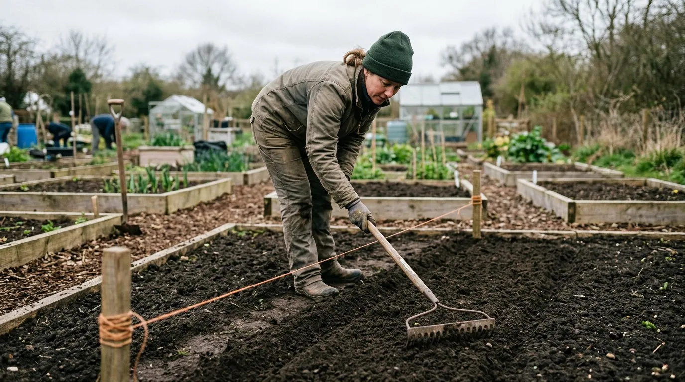 Gardener creating seed drills in prepared soil with a rake and string line in a March vegetable plot