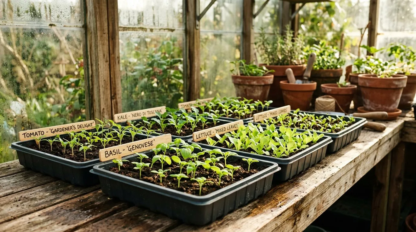 March seed trays filled with labelled seedlings on a greenhouse bench with morning light streaming through glass